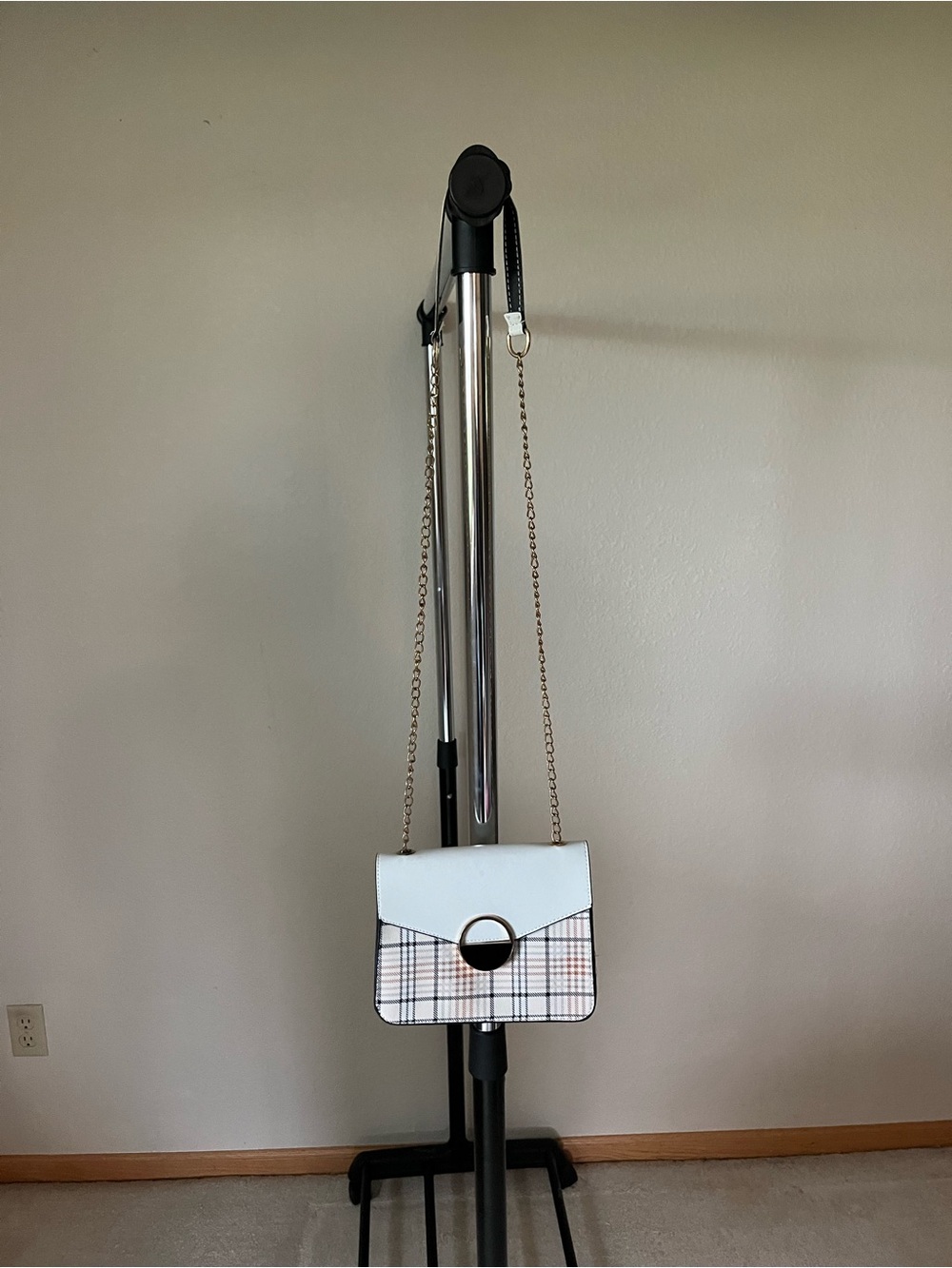 White Plaid Chain Crossbody Bag with Gold Accent
